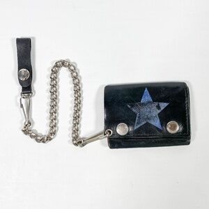 Vintage Handmade Chain Wallet Black Leather Trifold With Blue Star
